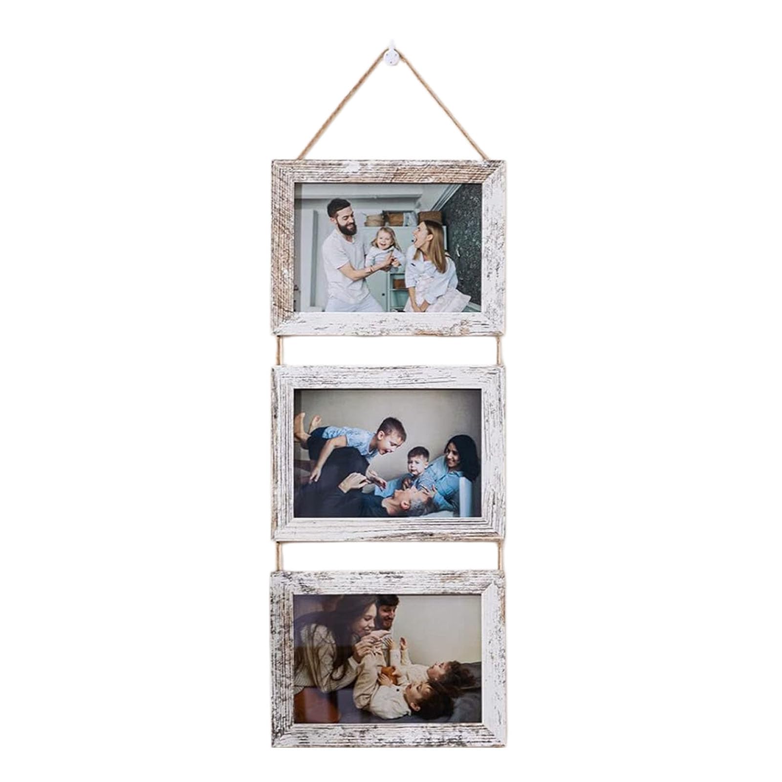 PANGBOER Hanging Collage Picture Frames Wall Decors, 3 Opening Rustics Wood Frame with Rope Wood Multi Picture Frames Gifts Collage Wall Decor