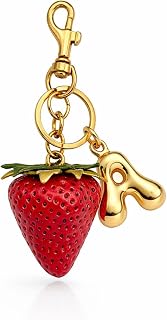 Strawberry Bag Charm Bubble Letter Initial Keychain Gold Bag Charm Cute Fruit Purse Accessory Gift for Mom Friend Wife