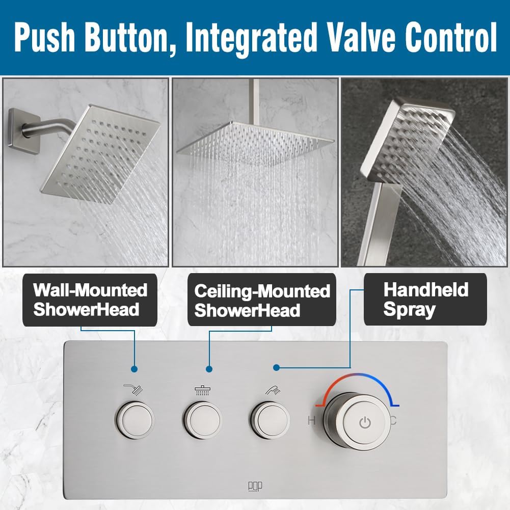 POP SANITARYWARE Shower Faucet Set Brushed Nickel Bathroom Rainfall Shower System, Ceiling Mount 12 Inch Shower Head with 6 Inch Wall Mount Shower Head Handle Set, Include Shower Valve and Trim Kit