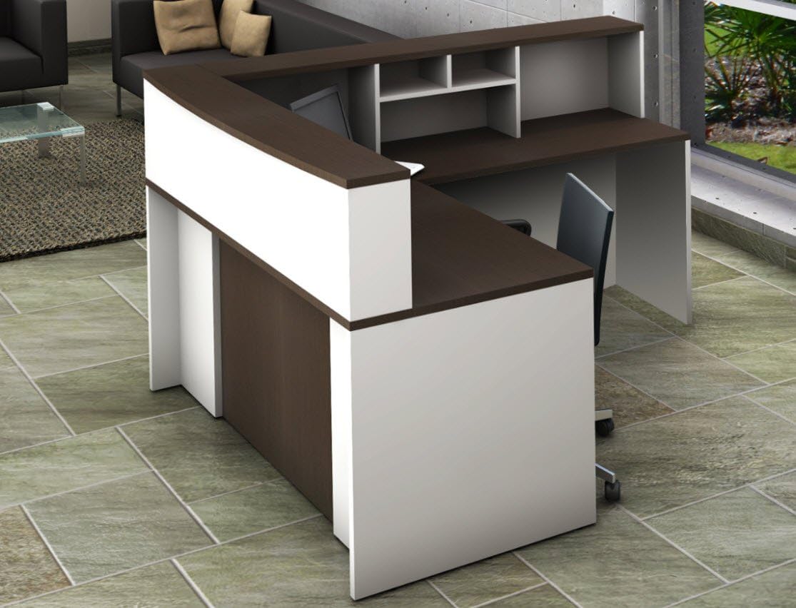 4 Piece Reception Desk Center Model Complete Group, White/Espresso