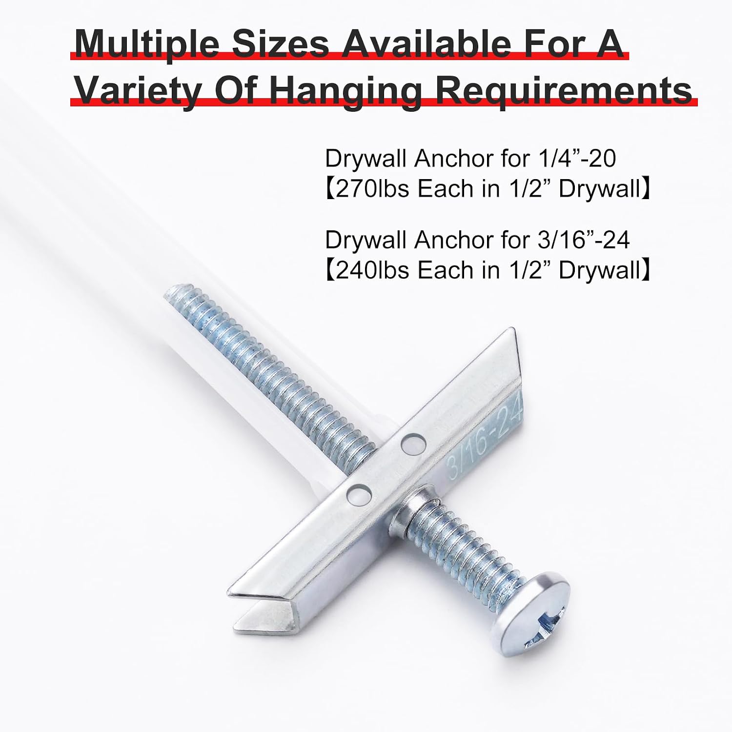 Drywall Anchor with Included Bolts for 3/16”-24, Heavy Duty Hollow Drywall Anchors for TV Mounting Kit, Stainless Steel Hollow Wall Anchors Holds up to 240 lbs Each in 1/2-in Drywall-14 Pack