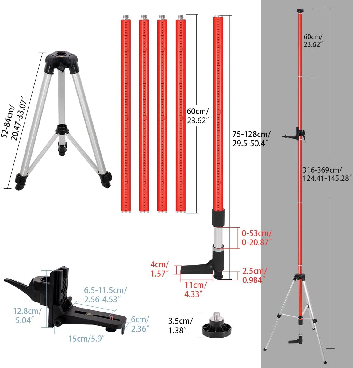 12 Ft./3.7M Professional Lasers Level Pole with Tripod, Adjustable Telescoping Pole for Leveling Tools, Multi-functional Fine-tuning Bracket with 1/4” and 5/8” Thread Adapters, Includes Carrying Bag