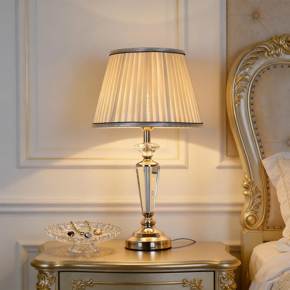 Lampara de noche, lampara de mesita de noche, E27 lampara para mesa con cristales y pantalla dorado, Lámpara De Escritorio redondo pantalla creativo dormitorio Sala De Estar Hotel estudio oficina