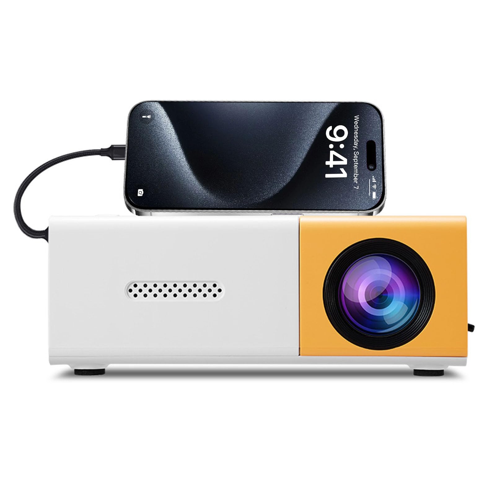 Tosuny Mini Projecteur, Vidéoprojecteur de Cinéma Maison 1080P, Projecteur de Film Extérieur LED 6000Lm avec Haut-Parleur Stéréo HiFi, Correction Automatique, pour Smartphone, USB, (Yellow White)