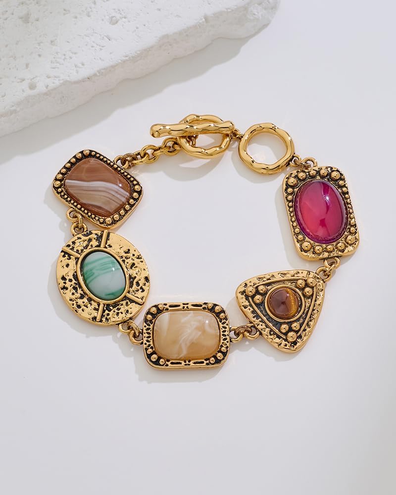 Vintage Gold Charm Bracelet For Women With Toggle And Bar Closure Imitation Tiger Eye Carnelian Cabs In Antique Gold Stone Setting Unique Chunky Copper Bracelet For Everyday Wear - Image 7