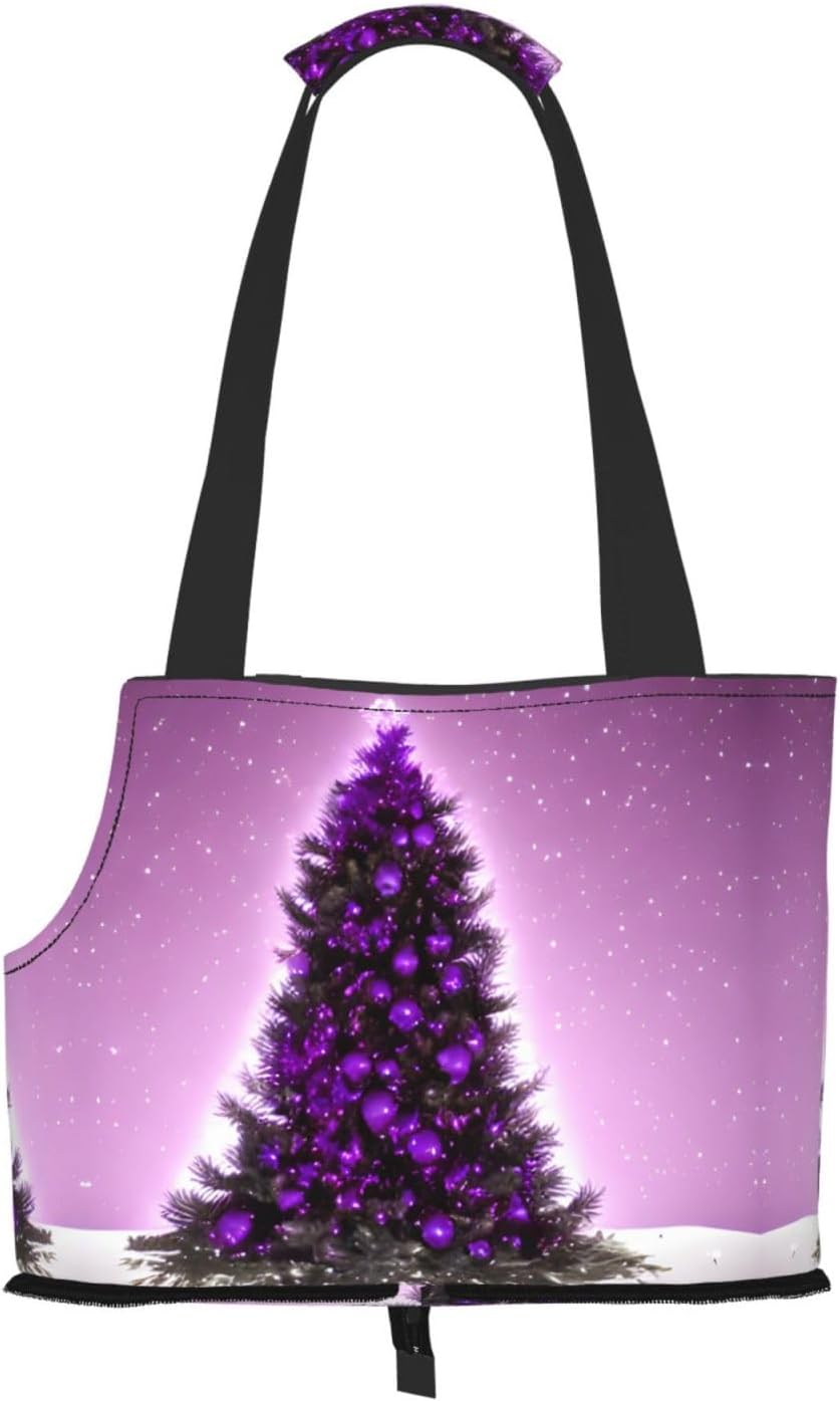 Christmas Purple Tree Print Portable Foldable Shoulder Bag for Travel,with Collar Hook and Handle Pad,Cute Stylish Design