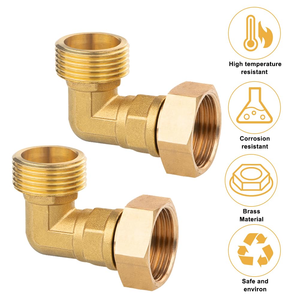 Lot de 2 raccords mobiles en laiton, 1" IG x AG 90° coudé mobile G1" en laiton coudé 90°, DN 25 coudé fileté, pour installations d'eau et systèmes de chauffage central