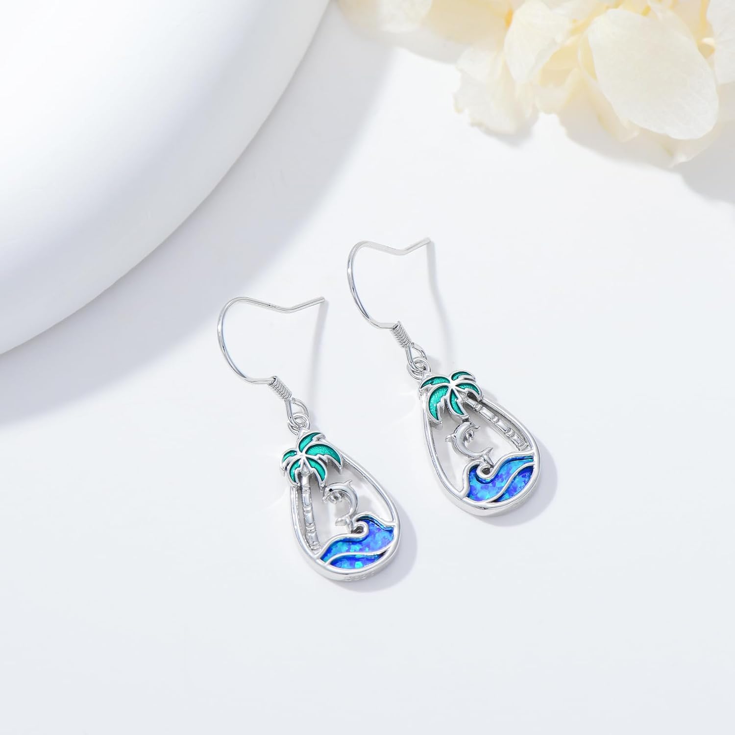 HPQQ Palm Tree/Sea Turtle/Dolphin/Flamingo Earrings 925 Sterling Silver Teardrop Ocean Earrings Blue Opal Wave Jewelry Summer Christmas Gifts for Women Her