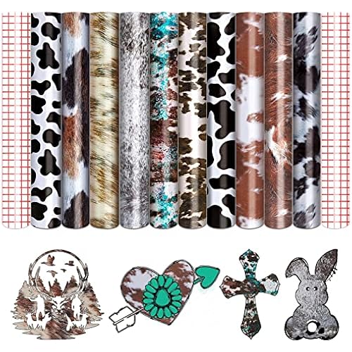 Tintnut Cowhide Permanent Vinyl 12x10in 10 Sheets Permanent Adhesive Vinyl | Cow print design,easycut & weed, stretchy & washable, waterproof & high viscosity, suitable for wood,glass,metal,ceramic