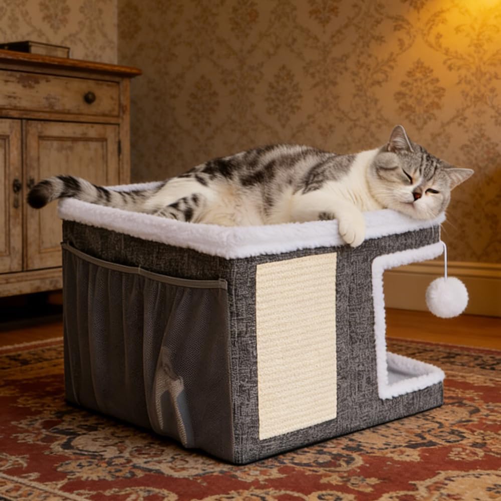 Beds for Indoor Cats,Large Cat Cave for Pet Cat House with Fluffy Ball Hanging and Scratch Pad,Side with Toy Storage Bag,Non-Slip Bottom