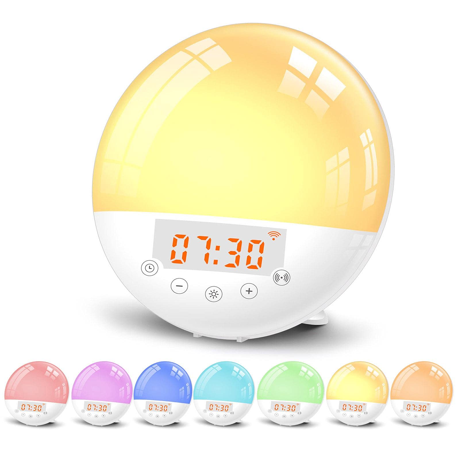 Sunrise budzik z funkcją Smart Wake Up Light Work, cyfrowy budzik z symulacją wschodu słońca, funkcja drzemki / radio FM, 7 dźwięków naturalnych i 4 alarmy dla dorosłych i dzieci (7 kolorów)