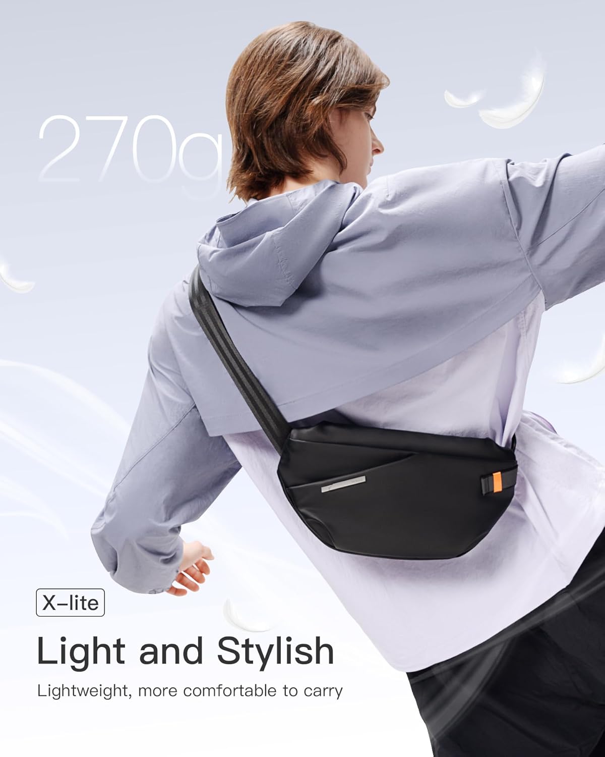 Person wearing Inateck Sling Bag X-Lite, highlighting its lightweight design