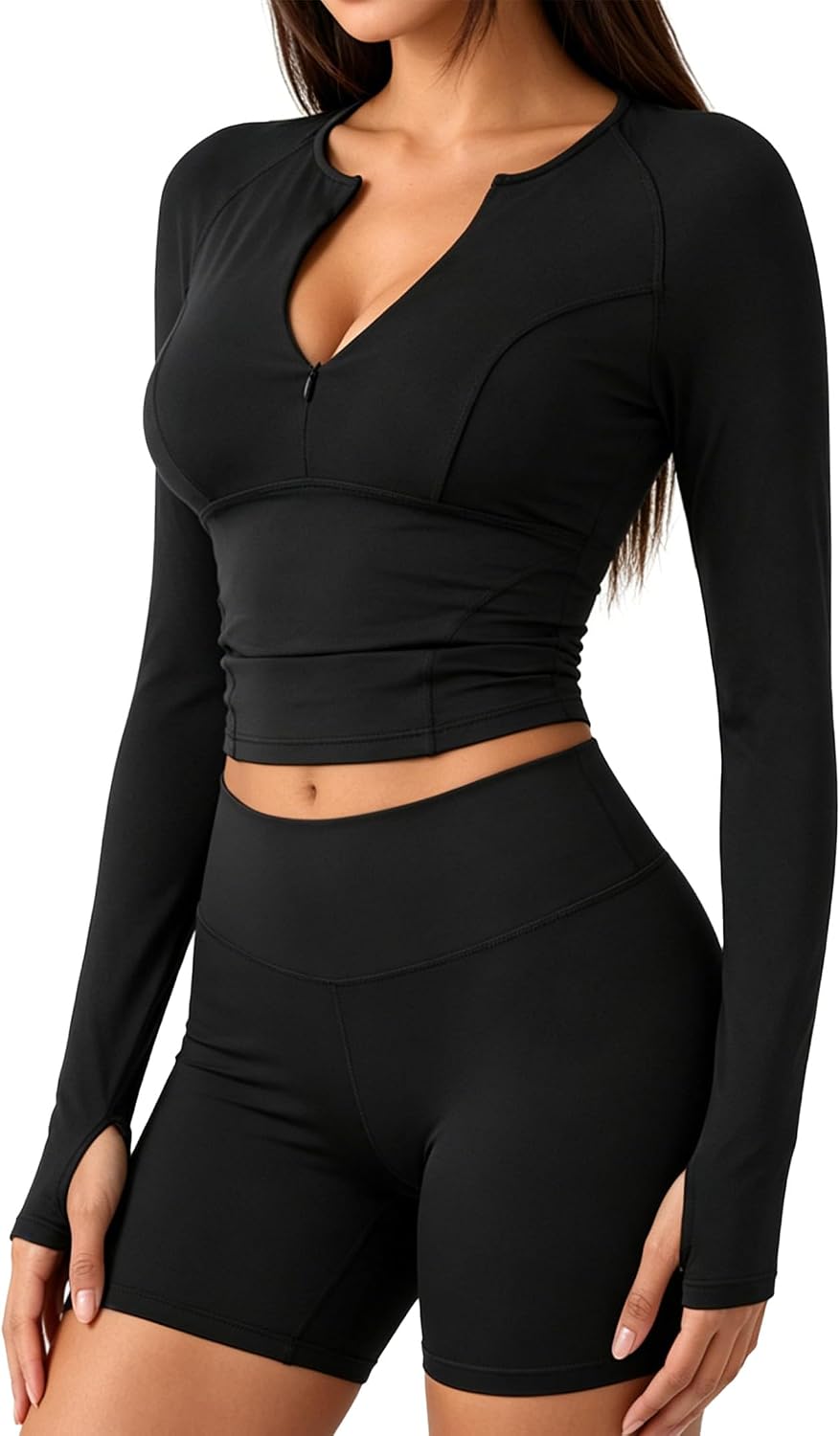 Hilinker Women's Long Sleeve Workout Crop Top Half Zip Fitted Yoga Athletic Shirt with Thumb Holes