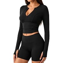 Hilinker Women's Long Sleeve Workout Crop Top Half Zip Fitted Yoga Athletic Shirt with Thumb Holes