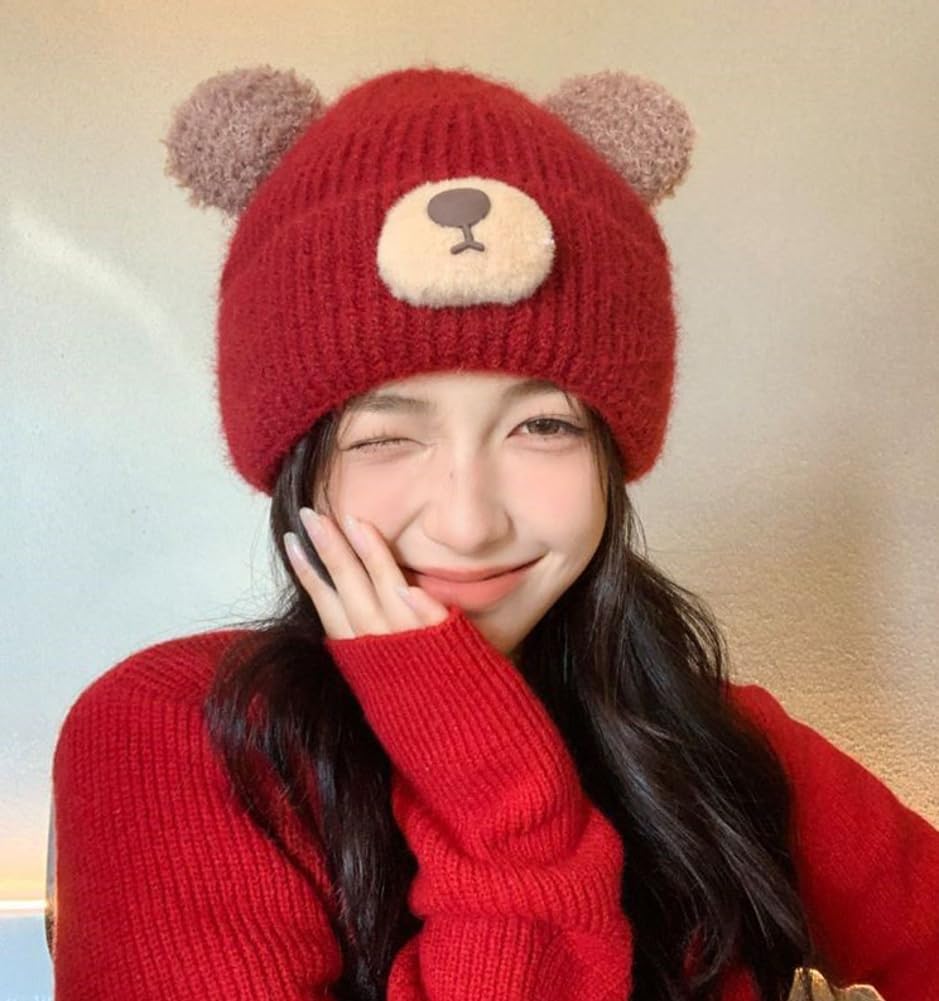 Crochet Y2K Beanie Knit Bear Ear Hat Furry Slouchy Beanies Cute Plush Fuzzy Winter Bucket Hats Knitted Animal Skull Cap - Image 2