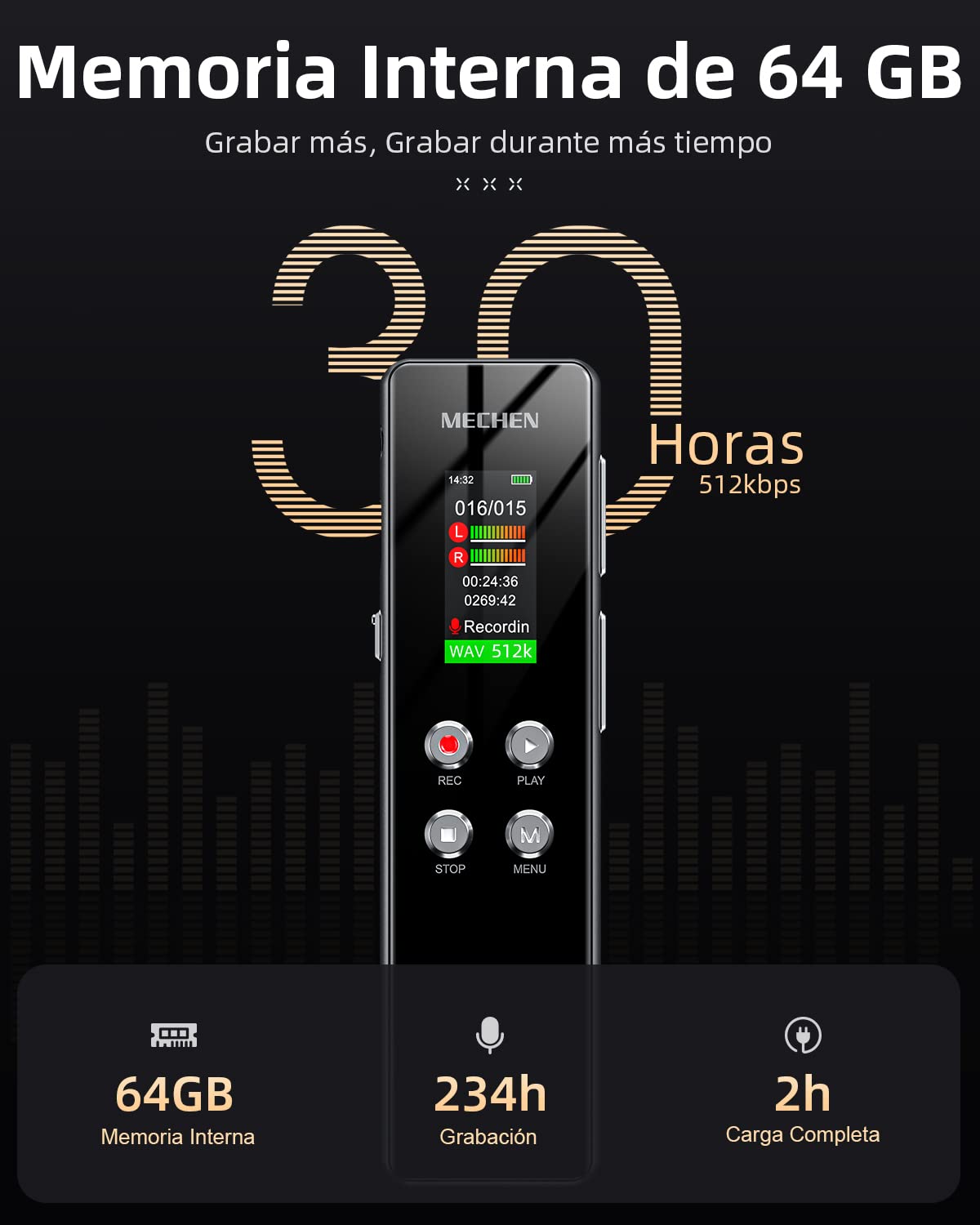 MECHEN Grabadora de Voz 64 GB, grabación HD con un Solo Clic (1536 kbps), reducción de Ruido automática, Reproductor de MP3, protección por contraseña, batería de 300 mAh (64GB)