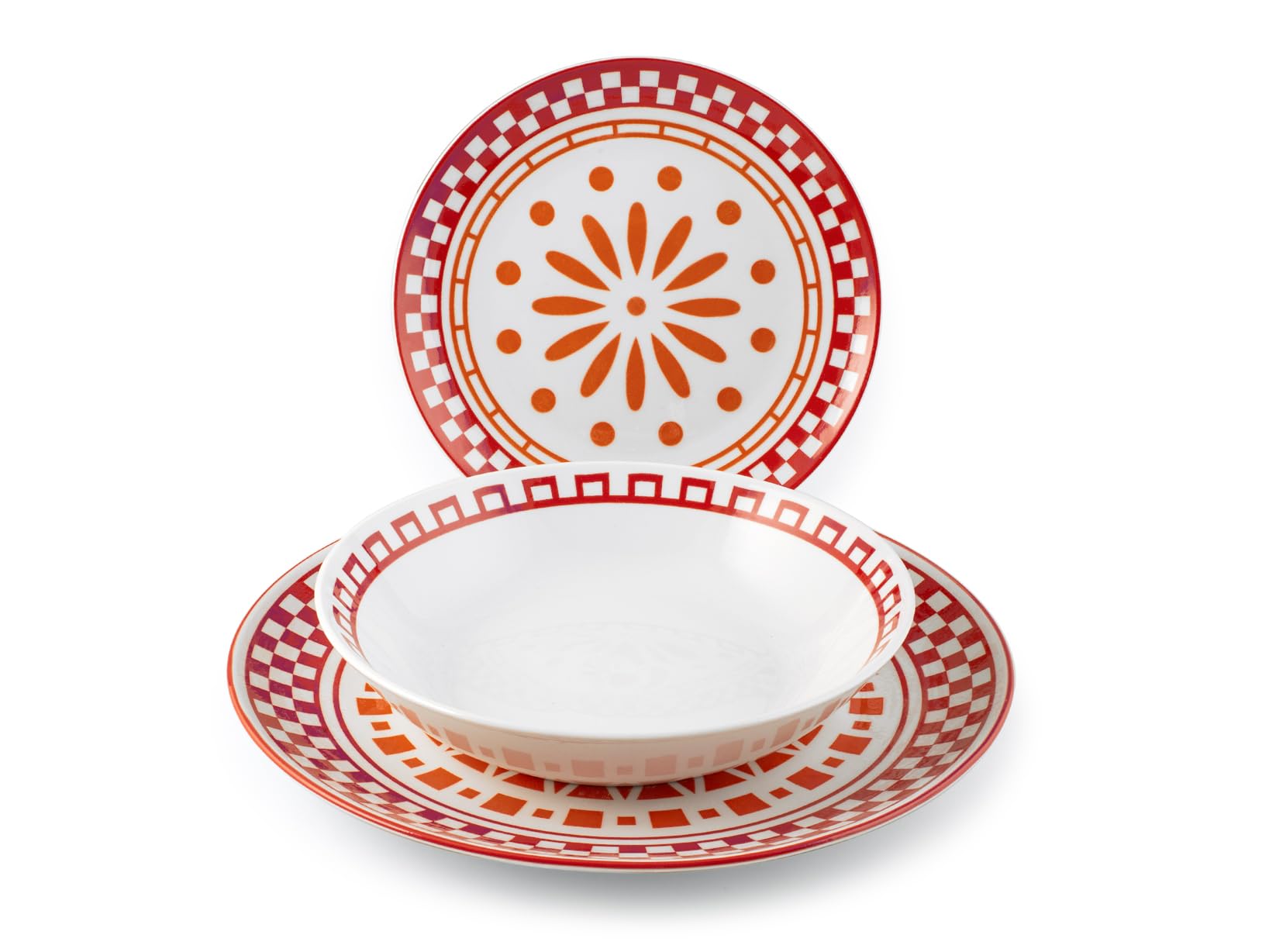 H&H Servizio Tavola Kora 18 Pezzi in Porcellana Decorata - Piatti Piani, Fondi e Frutta con Decorazioni Rosse e Arancioni - Adatto Lavastoviglie e Microonde, Idea Regalo Perfetta
