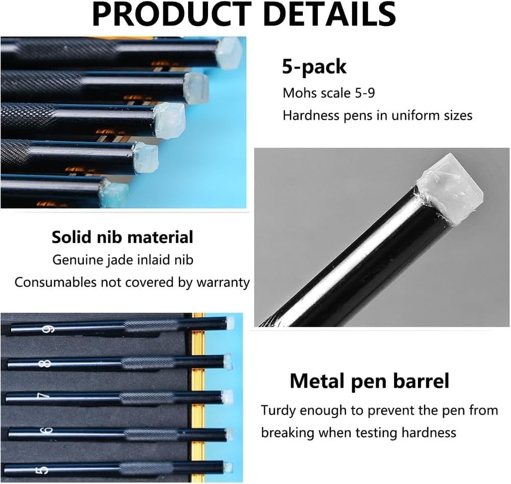 Mohs Hardness Test Kit, 5-9 Scratch Tester Hardness Test Pen with Storage Box, A Pen Head Inlaid with Jade and Stone, Scratch Tester for Mineral, Jewelry, Jade, Glass, Gemstone Identification.