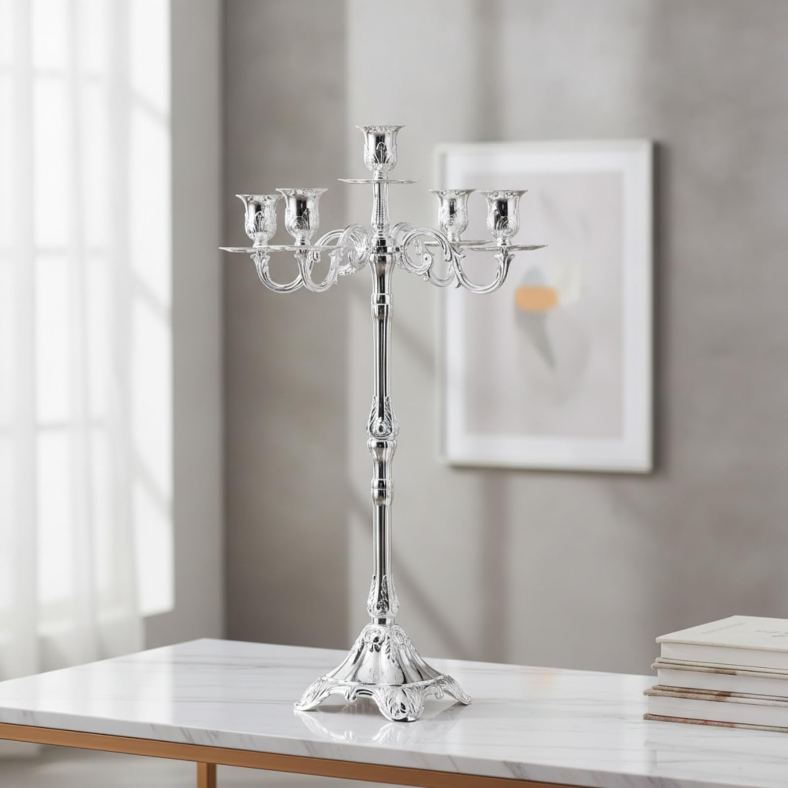Candelabro a Cinque Braccia Elegante, Argento, 65 Cm