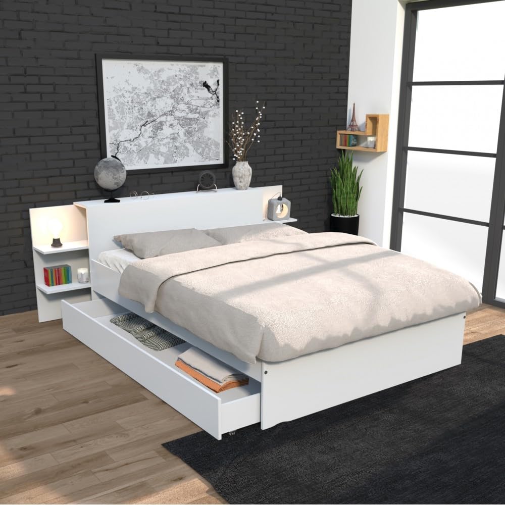 WEBER INDUSTRIES Lit City 140x190 + tête de lit Chevet + 1 tiroir/Blanc