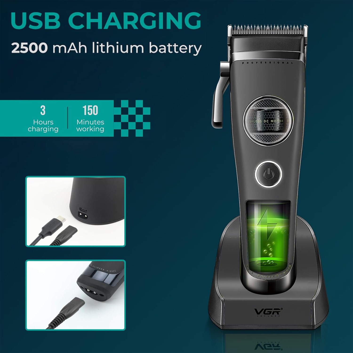 Image of the VGR 880C hair clipper on its charging base, showing USB and Type-C charging ports and an LED indicator for battery status.