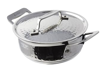 Bon Chef 60027HF Stainless Steel Induction Bottom Cucina Round Dish with Lid, Hammered Finish, 36 oz Capacity, 6" Diameter x 2-1/2" Height