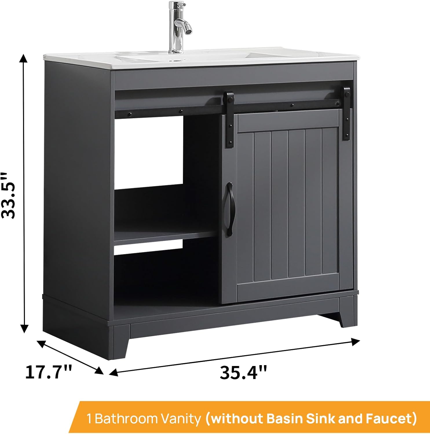 35.4 Inch Freestanding Bathroom Vanity Cabinet with Mirror– Farmhouse Barn Door, Drop-in Sink Compatible, Space-Saving Design for Bathrooms