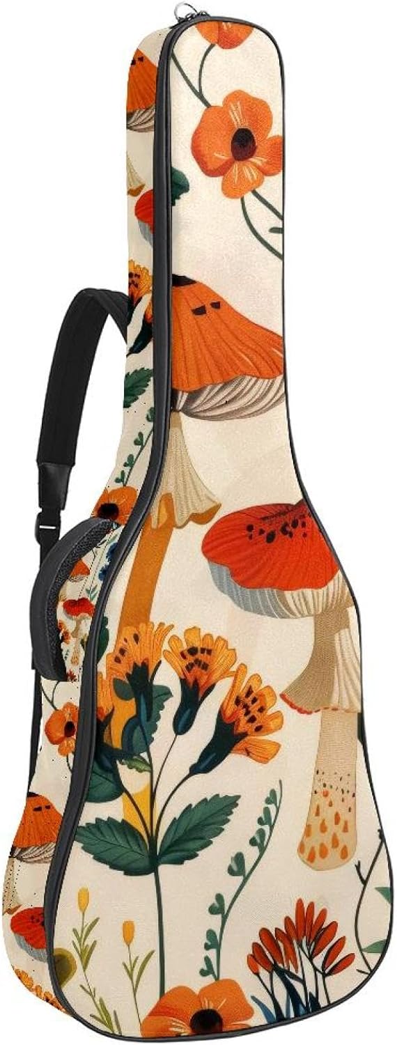 Aesthetic Mushroom Colorful Flowers Acoustic Guitar Bag 0.4 In Thick Padding, Waterproof Guitar Case Gig Bag with Adjustable Shoulder Strap and Back Hanger Loop