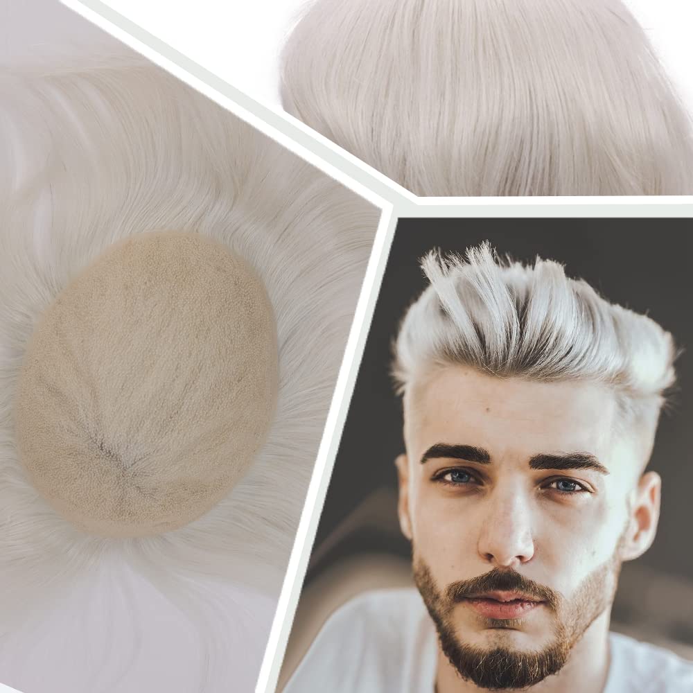 Men toupee Toupee for Men Undetectable Swiss Full Lace Men's Toupee European Human Hair Reaplacement Systems Hair Pieces Free Hairstyle 8X10 Inches(60RY Grey White Color)
