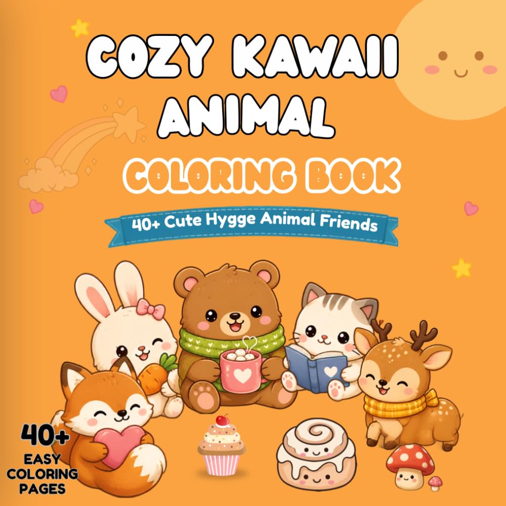 Fuzzy Moments: Cozy Animal Coloring Book: 40+ Cute Kawaii Hygge Scenes Featuring Cats, Bears, Bunnies, Foxes & Woodland Friends for Relaxation and Stress Relief