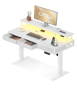 OffiGo Mesa Elevable Escritorio con Cajones, 120cm Escritorio Elevable con Soporte para Monitor, Mesa Gaming con Carga y Luces LED, Mesa Regulable Altura, Blanco The Forest Stewardship Council