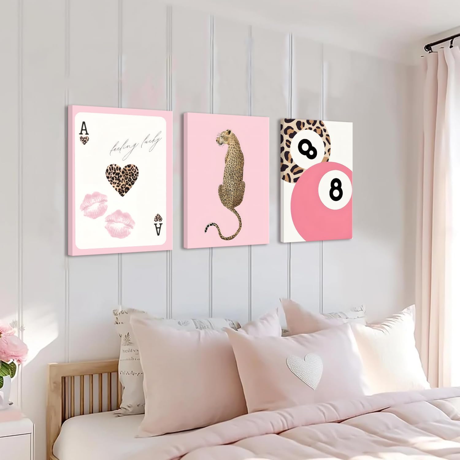 Cheetah Trendy Wall Art Set of 3 Preppy Leopard Canvas Print for College Apartment Room Wall Decor 8 Ball Poster Y2k Pink Coquette Print Lucky Aesthetic Pictures for Bedroom Dorm 12x16 In Framed