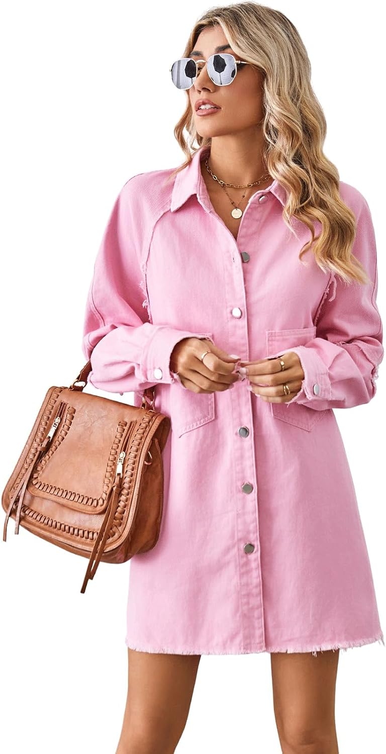 utcoco Women's Oversized Denim Jacket Button Up Frayed Hem Shacket Long Boyfriend Distressed Jean Dress