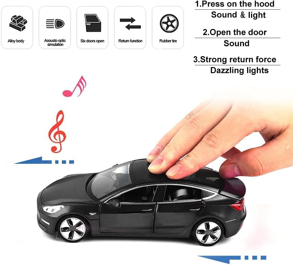 Image of DEOXY 1:24 Scale Tesla Model 3 Die-Cast Toy Car - Black Electric Vehicle Model with Openable Doors, Hood & Trunk, Pull Back Action, Lights & Sound - Metal Body for Kids