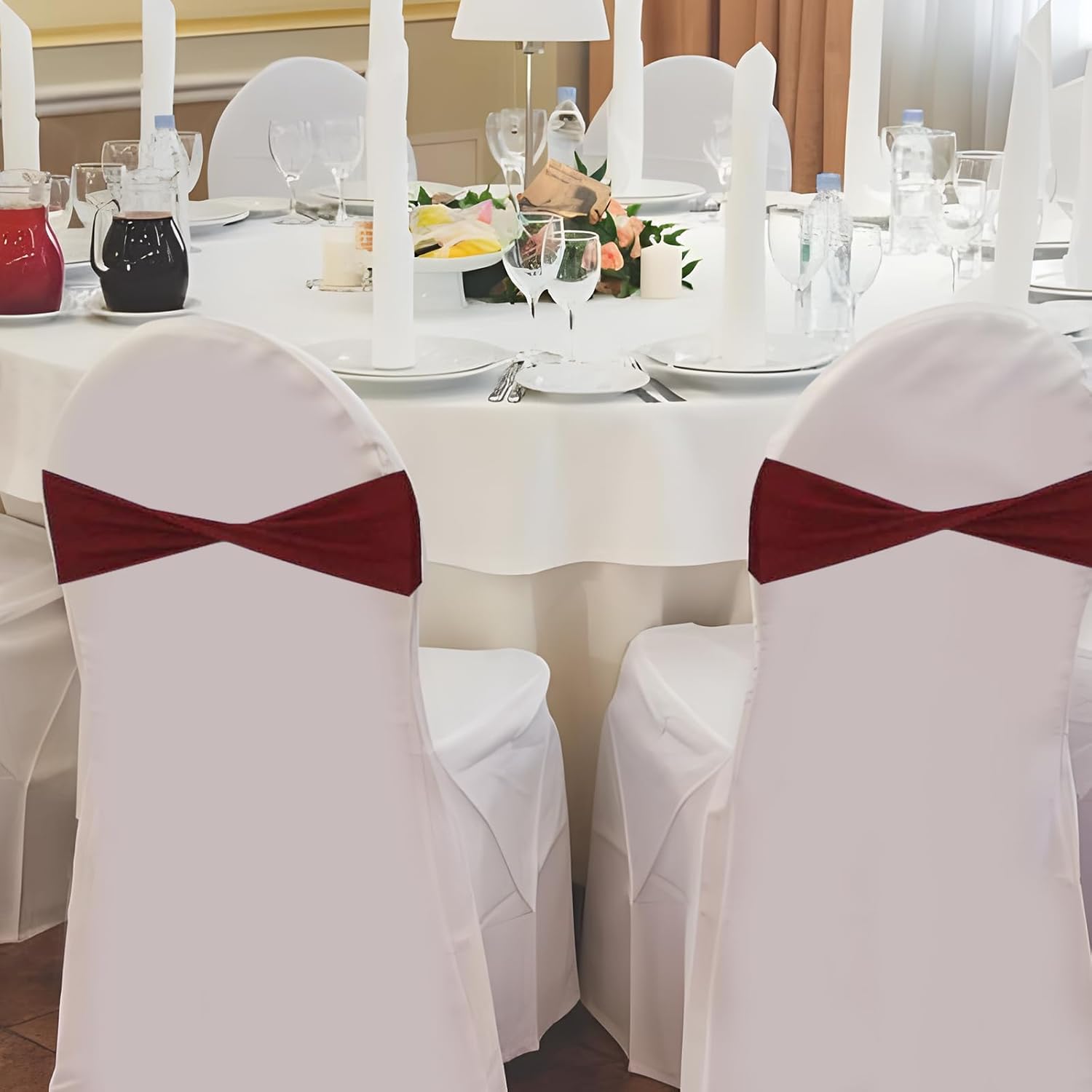 50 Pcs Spandex Stretch Chair Sashes Plain Bow Sash Elastic Chair Bands Without Buckle Chairs Decorations for Wedding Party Banquet Birthday Events Decoration(Burgundy)