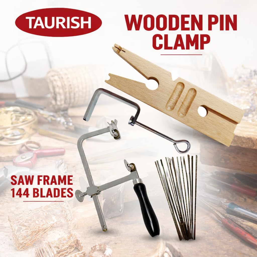 Jewelers Saw Frame Adjustable with 144 Blades and V Slot Bench Pin with Clamp Set for Jewelry Making Metal Wood Cutting Tool