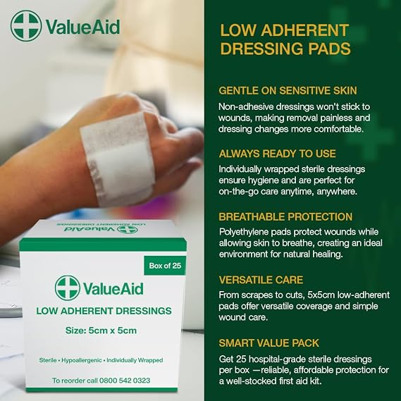 Value Aid Low Adherent Dressing Pads - 5cm x 5cm Hypoallergenic Sterile Wound Care, Non-Stick Surface for Gentle Removal - Individually Wrapped Medical Dressings for Cuts & Grazes (25 Pack)