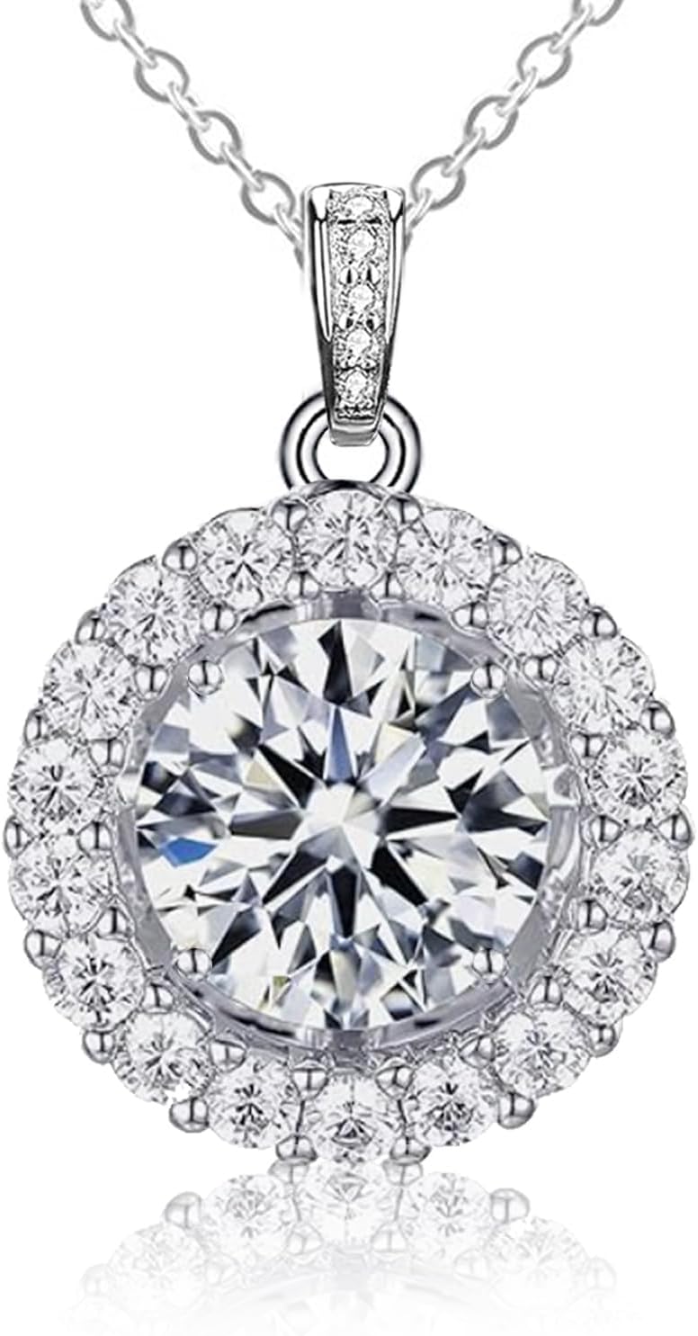FEIKFEIZ Women’s Moissanite Necklace, 1 Carat Lab-Created Diamond Necklace, 925 Sterling Silver Plated with 18K White Gold, Single Pendant Jewelry, Comes with Gift Box and Certificate