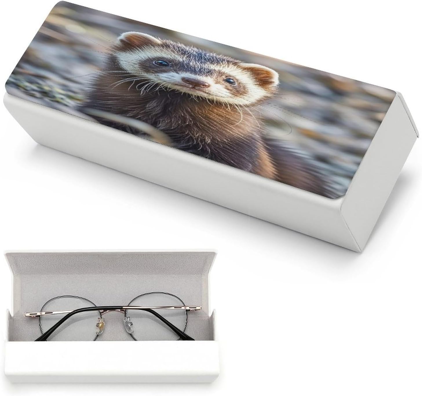 Hairy Ferret Eyeglasses Case Hard Shell for Men Women PU Leather Eyeglass Cover Fashionable Travel Sunglasses Cases Portable Reading Glasses Cover with Cleaning Cloth image 5