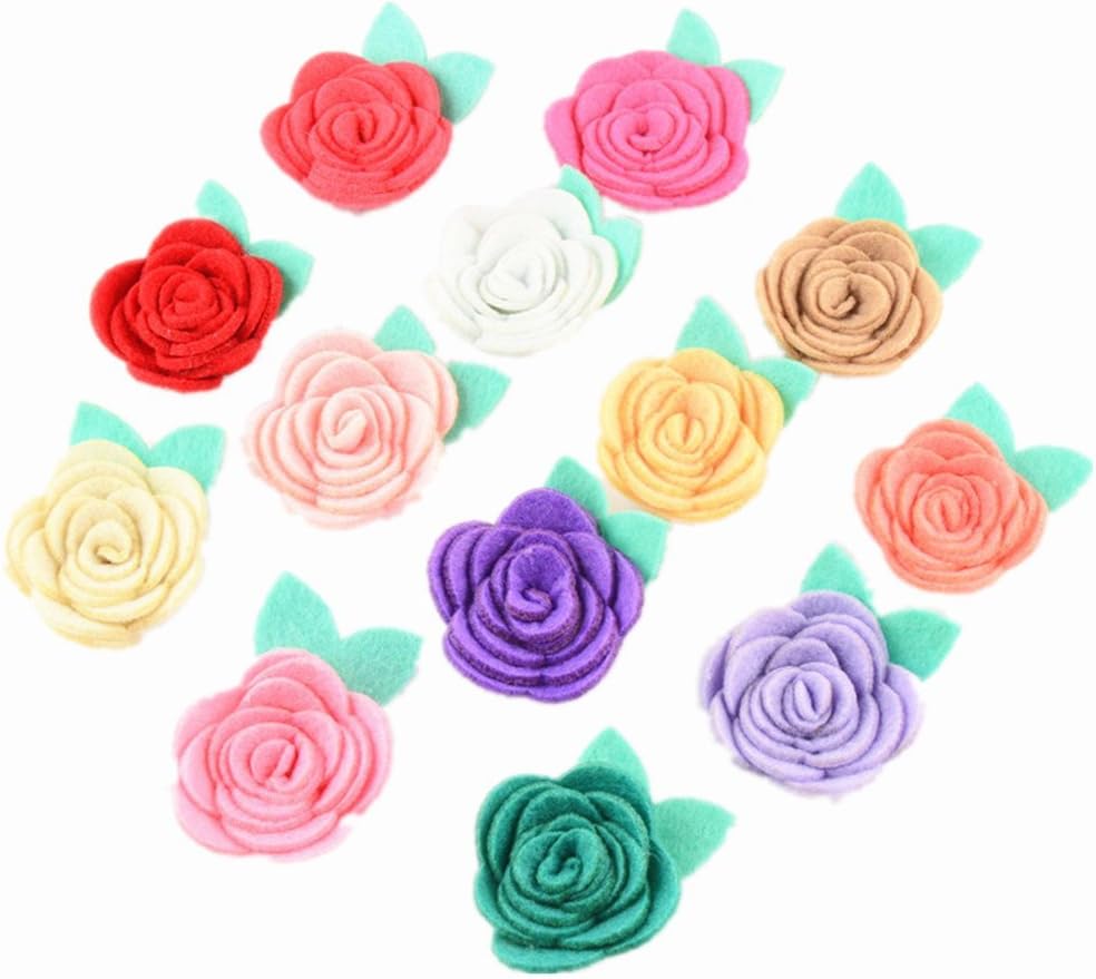 Assorted Colors 30pcs Rose Felt Applique Kits Flower Felt Scrapbooking Non-Woven Stickers Sew on Applique Felt Pads for DIY Handcraft Decoration