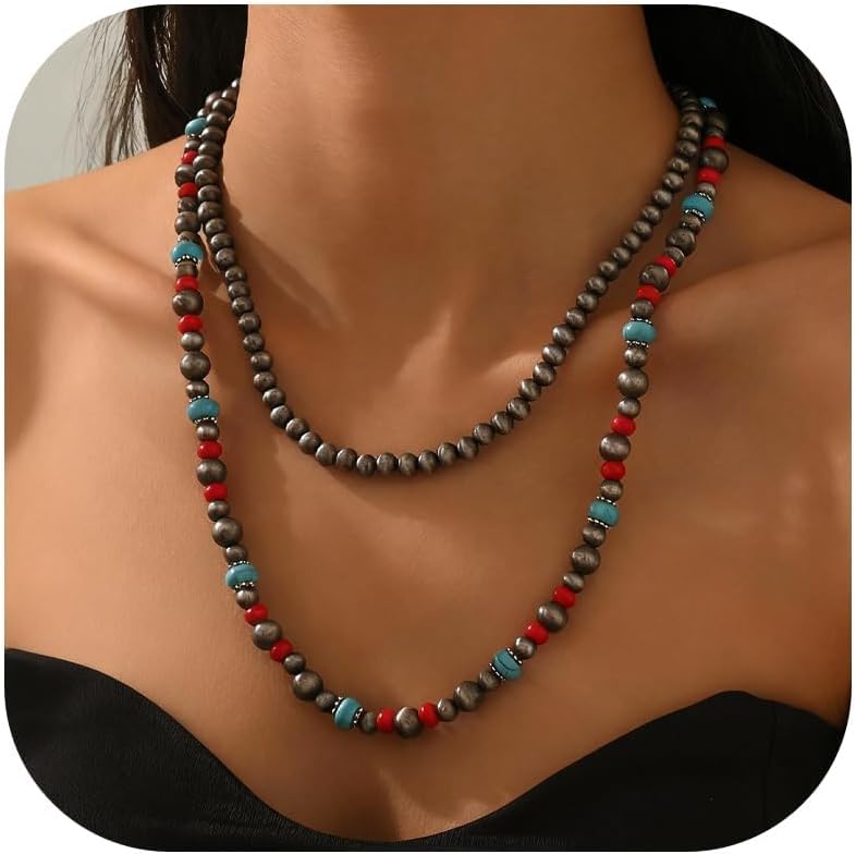 Aonklot Western Jewelry Navajo Pearl Necklace for Women Turquoise Red Bead Long Statement Necklace Gifts Country Concert Outfits