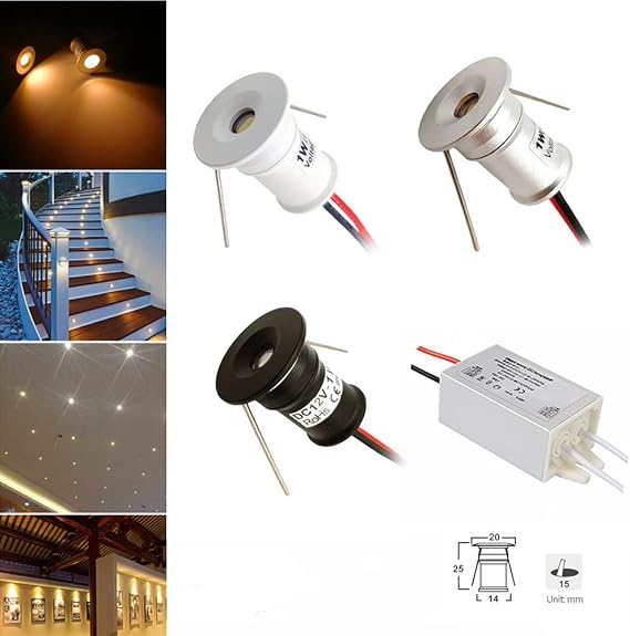 12V 1W Recessed Celling Light for Kitchen, Stairs, Closet, Hallway,DIY Lighting Warm White Cold White Showcase Light Cabinet Downlight IP65 (Silver Shell, 30D Warm White) [Energy Class A]