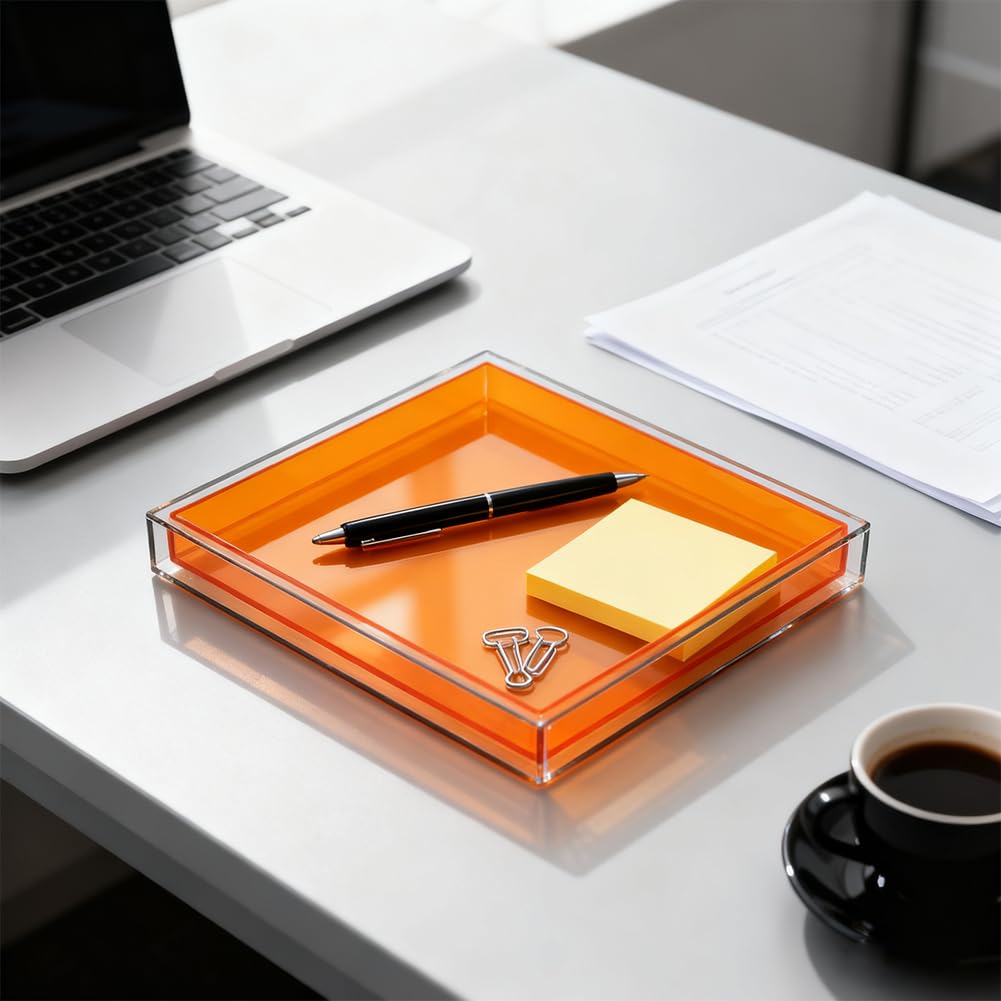 Vassoio creativo in acrilico moderno vassoio decorativo per gioielli, profumo, trucco, organizer quadrato trasparente per bagno, vanità, servire, tavolino da caffè, soggiorno (arancione)