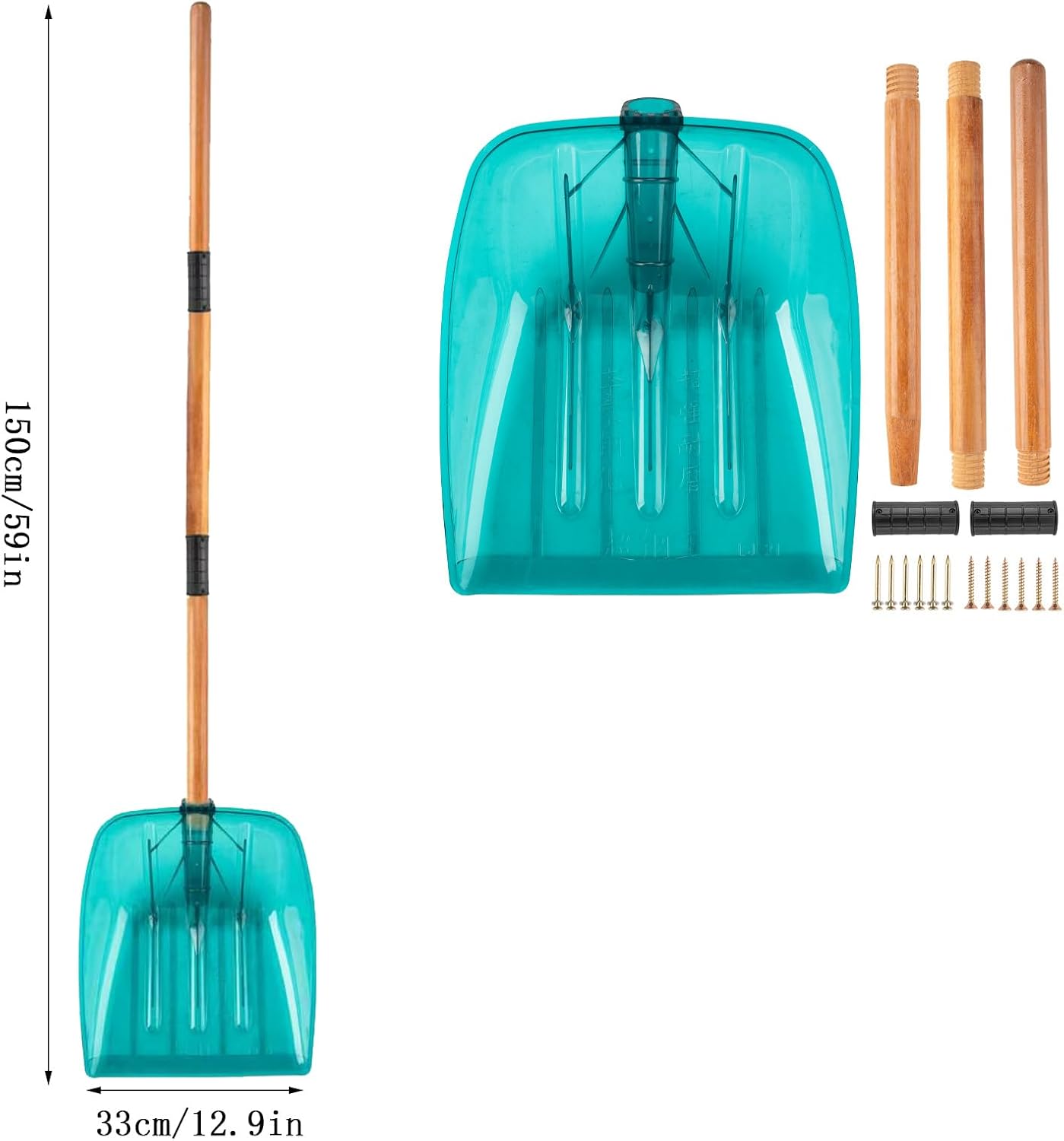 Poly Garden Scoop, Farm Feed Shovel,with Three Wooden Handles, Adjustable Length, Suitable for Agricultural Feed,Snow Accumulation, Grains and Yard Leaves.