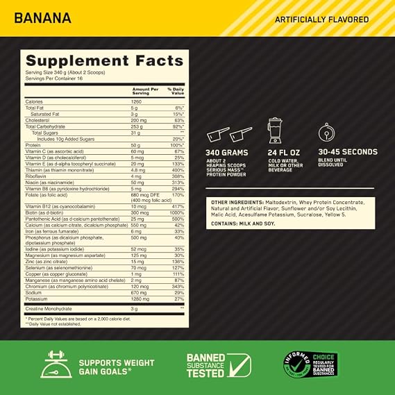 ON Optimum Nutrition Serious Mass Banana Flavored 5.45kg 16 Service