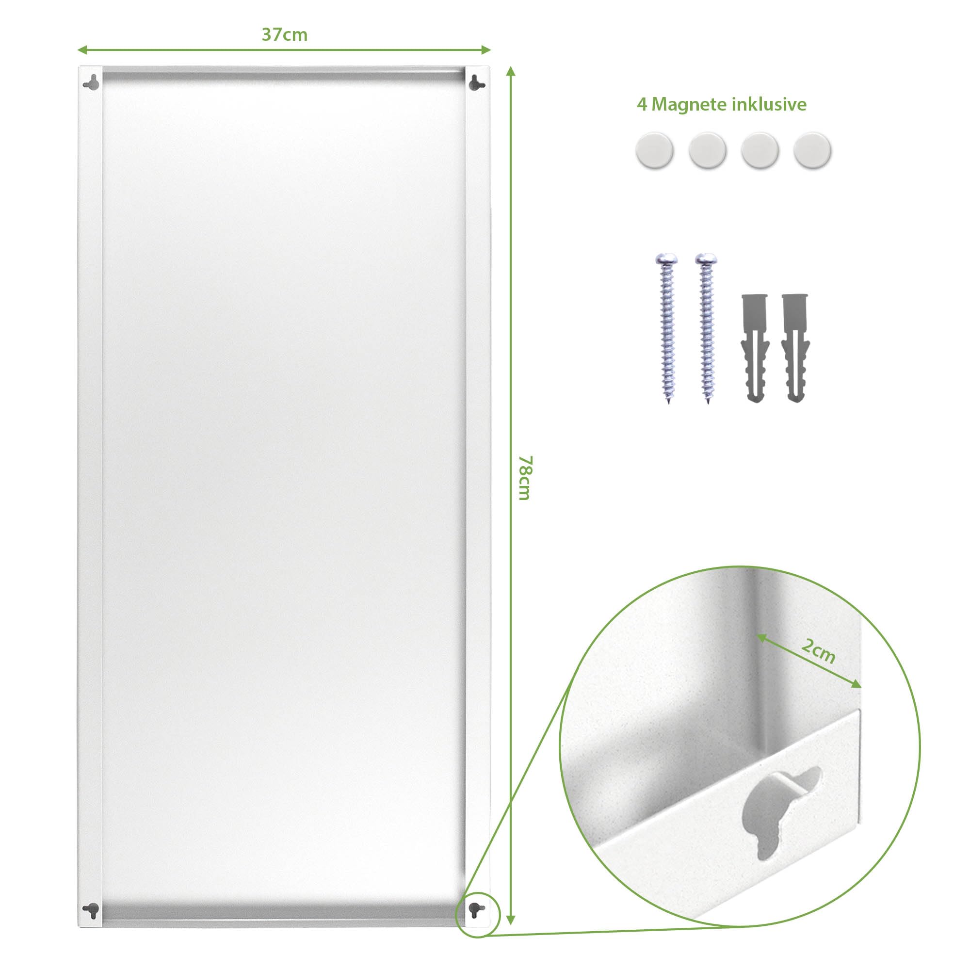 banjado Magnettafel Weiß 78x37 cm, große magnetische Wandtafel aus Metall mit Magneten, stilvolle Magnetwand zur Wandmontage, modernes Memoboard für Büro, Küche oder Kinderzimmer