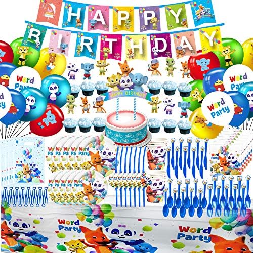 Word Party Party Supplies, Word Party Birthday Decoration,set of 163 pcs Word Party Decorations for Kids Baby, Include- Word Party Themed Flatware, Balloon, Banner, Plates, Napkins, Spoons, Fork, knives, Cake Toppers, Mini fruit fork, Paper cups, Straws, gift bags, Tablecloth, Serves 10 Guest.