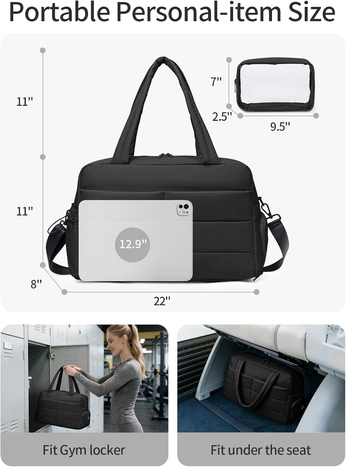 Gitus Carry On Duffle Gym Bag for Women Puffer Weekender Overnight Duffel Bag for Travel with Clear Toiletry Pouch Sport Yoga Fitness Essentials Gifts (Black) - Image 3
