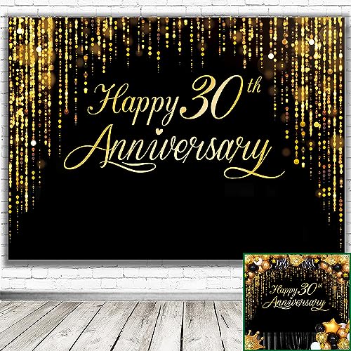 Image of Happy 30th Anniversary Banner - Black Gold Photography Poster for Wedding, Birthday Party Decoration