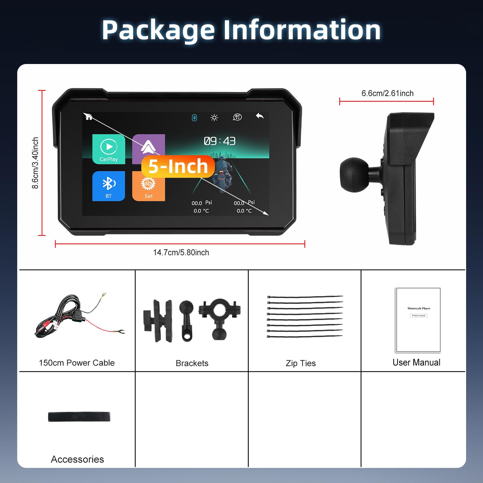 Schermo Carplay per Moto con Senza Fili CarPlay e Android Auto, 5 Pollici Impermeabile Touchscreen, Doppio Bluetooth, Navigazione GPS, Siri/G00gle Assistente, Plug-and-Play